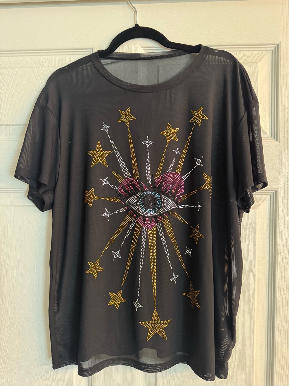 SHEIN Black Short Sleeve Mesh Tee with Multicolor Rhinestone Eye Burst